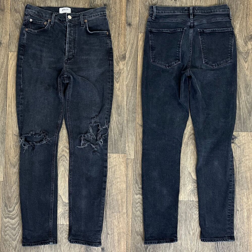 AGOLDE Women Size 26 Nico Black High Rise Slim Ankle Jeans Distressed Button Fly